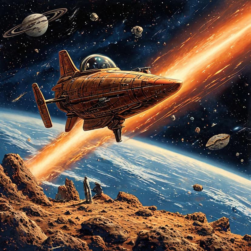 A retro spacecraft sails past asteroids