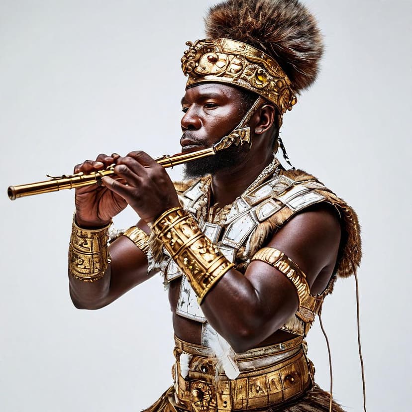A gilded Zulu warrior in marble armor plays a flute