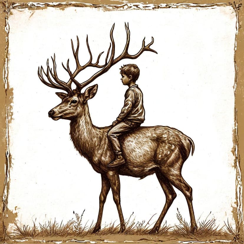 A boy rides a deer