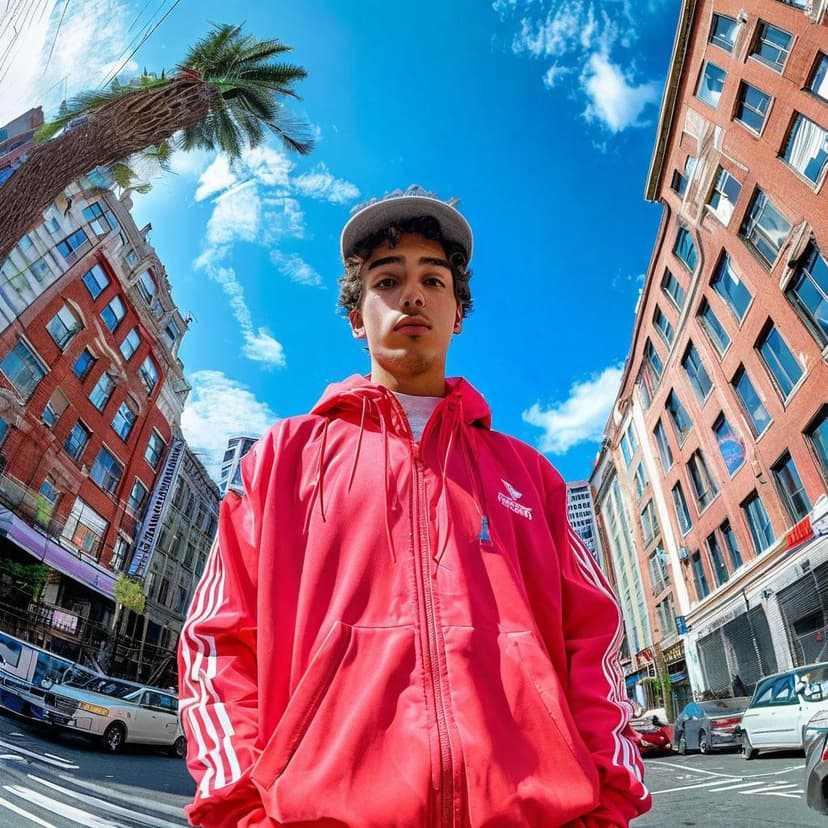 A fisheye lens warps the cityscape around a young man in full Adidas streetwear