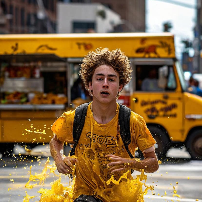 A young man races past a food truck
