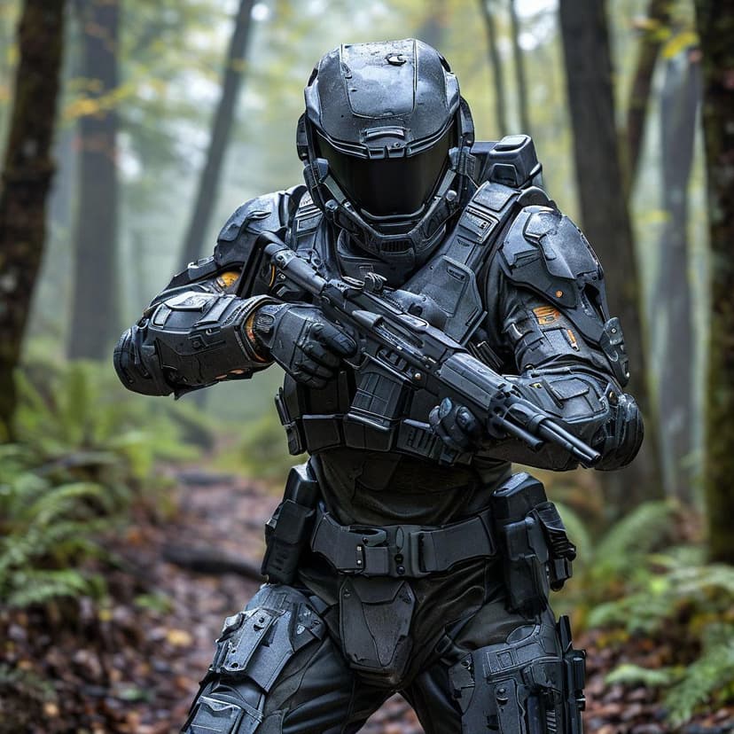 A soldier in gleaming sci-fi armor takes aim with a sleek rifle down a misty forest trail