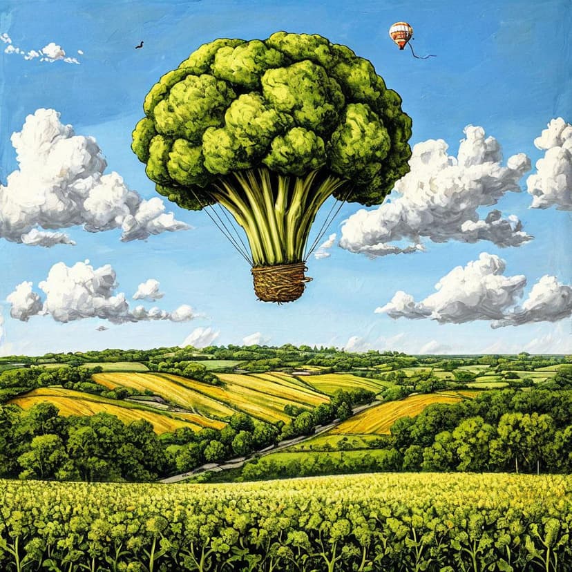 A broccoli-shaped balloon floats over the French countryside