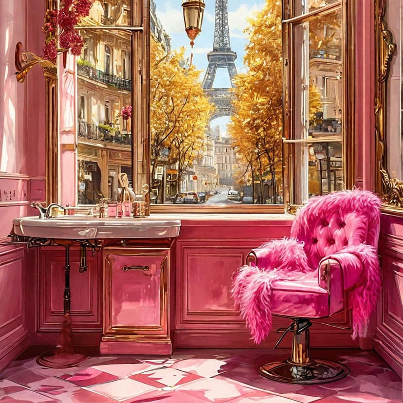 A Parisian boulevard’s golden sun illuminates a sleek salon sink beside a plush pink chair