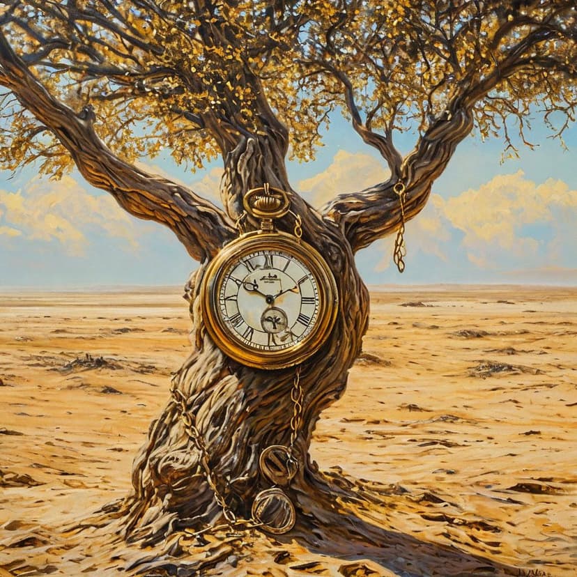 A hyperrealistic oil painting of a melted pocket watch draped over a tree branch
