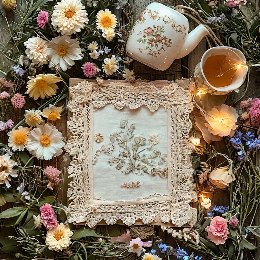 A soft illustrated flatlay of cottagecore comforts: lace