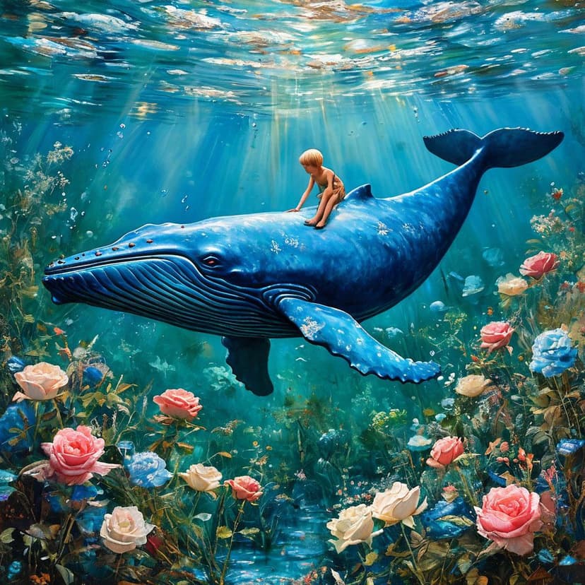 A boy rides a blue whale through dreamy green waters