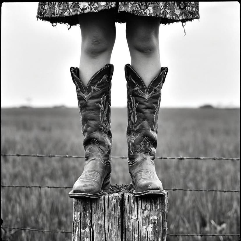 A vintage black-and-white photo captures a woman’s legs in cowgirl boots