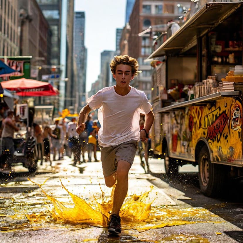 A young man in a white tee races past a food truck