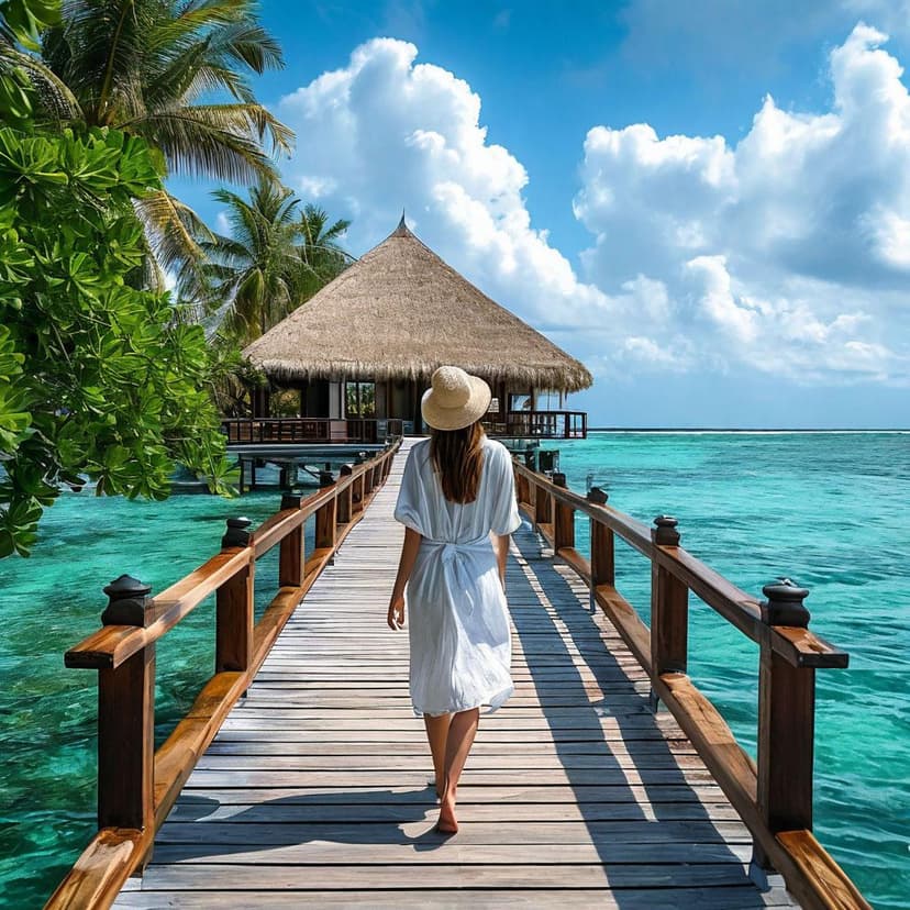 A woman in white linen and a sun hat walks a Maldives pier