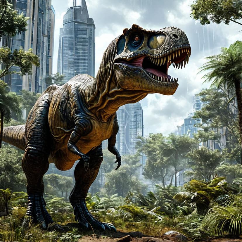 T-Rex sighted! All personnel evacuate now!” — Sci-fi HUD with urgent flashing alerts –ar 3:4 –v 7