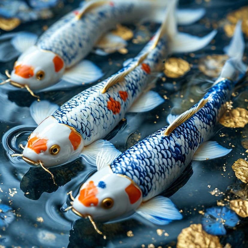 Delicate blue-and-white porcelain koi swim in crystal water