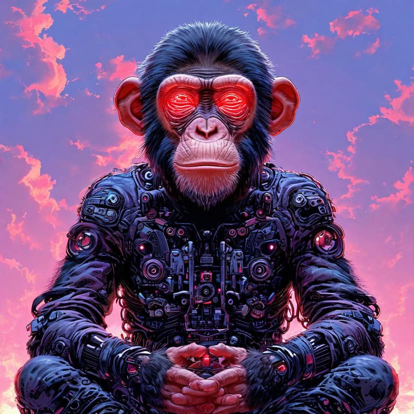 A cybernetic monkey with a particle-cloud human head