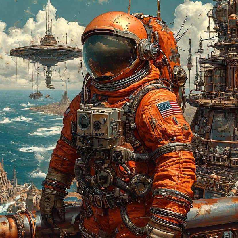 A steampunk astronaut merges with their intricate ship in 32K UHD