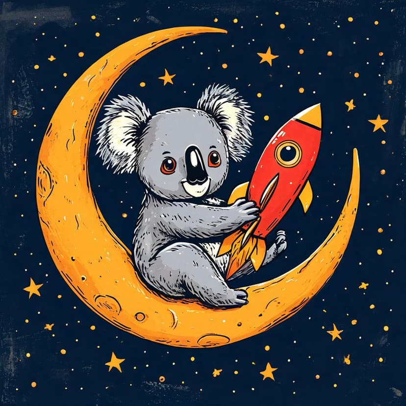 A 1950s-style koala on a crescent moon holds a retro rocket