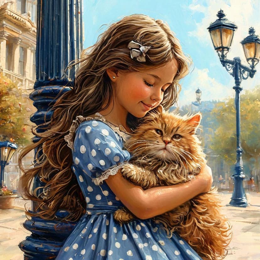 A girl in a polka-dot dress hugs her fluffy cat by a lamppost