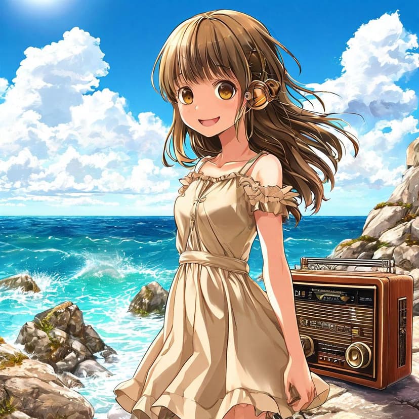 A cheerful anime girl in a beige dress smiles from ocean rocks