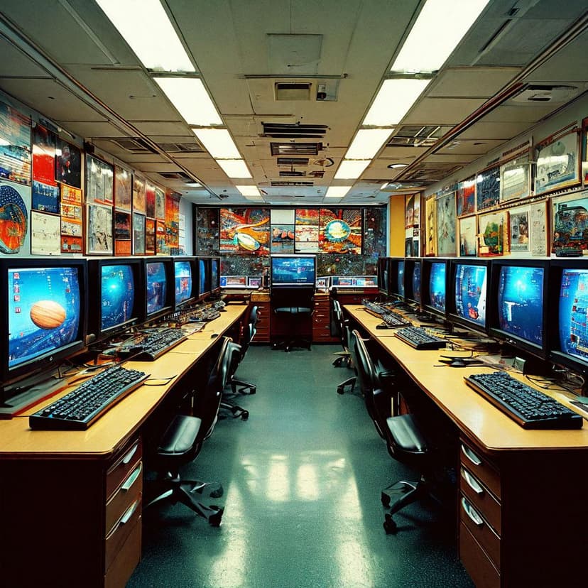 An 80s computer lab hums with retro tech and glowing screens