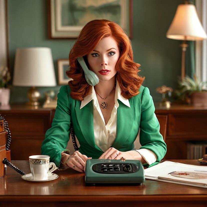 A redhead in spring green and cream