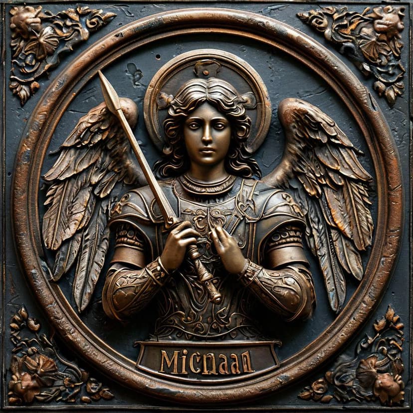 A high-definition round metal sign depicts Archangel Michael in relief