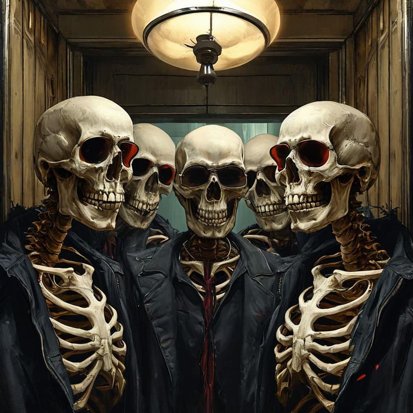 Five skeletons in shades and black tees crowd a dim elevator