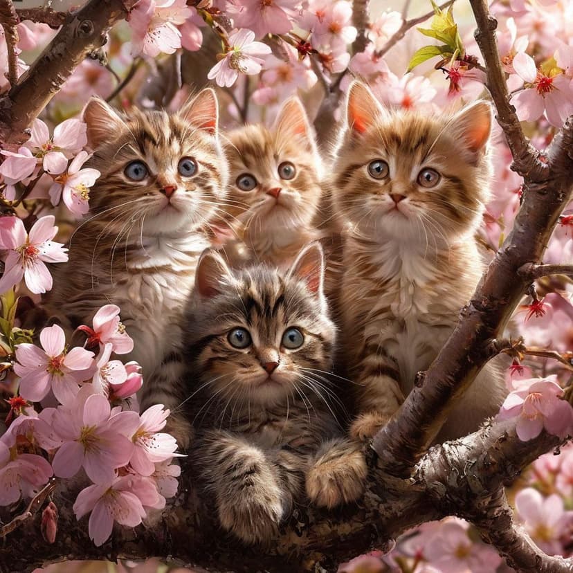 A playful clowder of kittens peeks through cherry blossoms