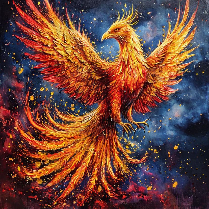 A fiery phoenix emerges from embers