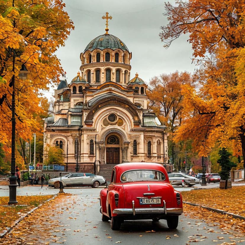 A vintage red car passes a domed church on a Sofia street