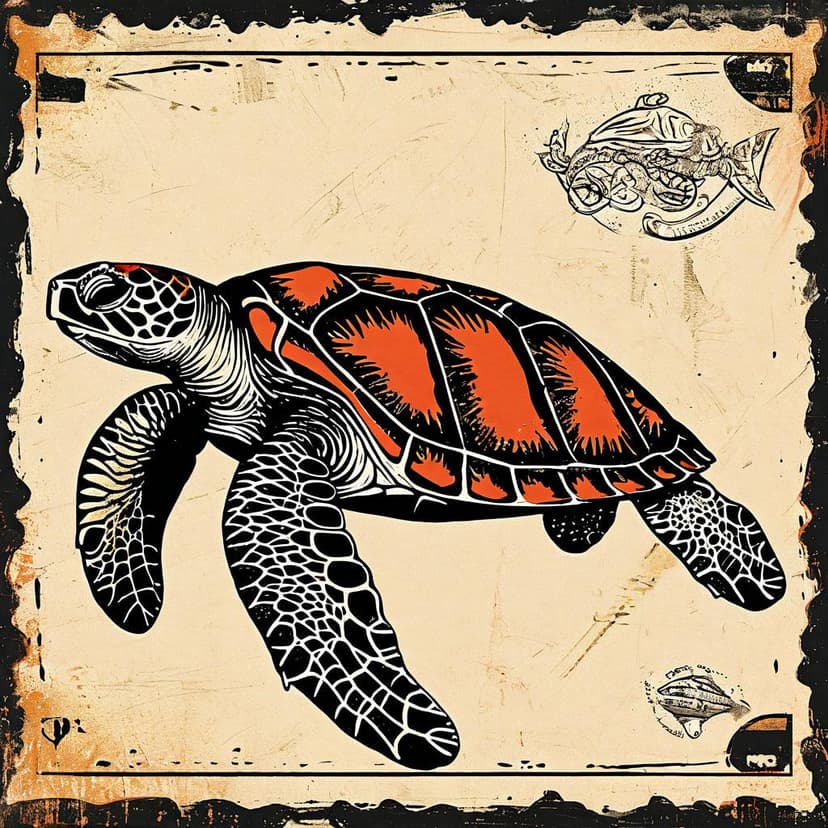A vintage postage stamp with an engraved sea turtle