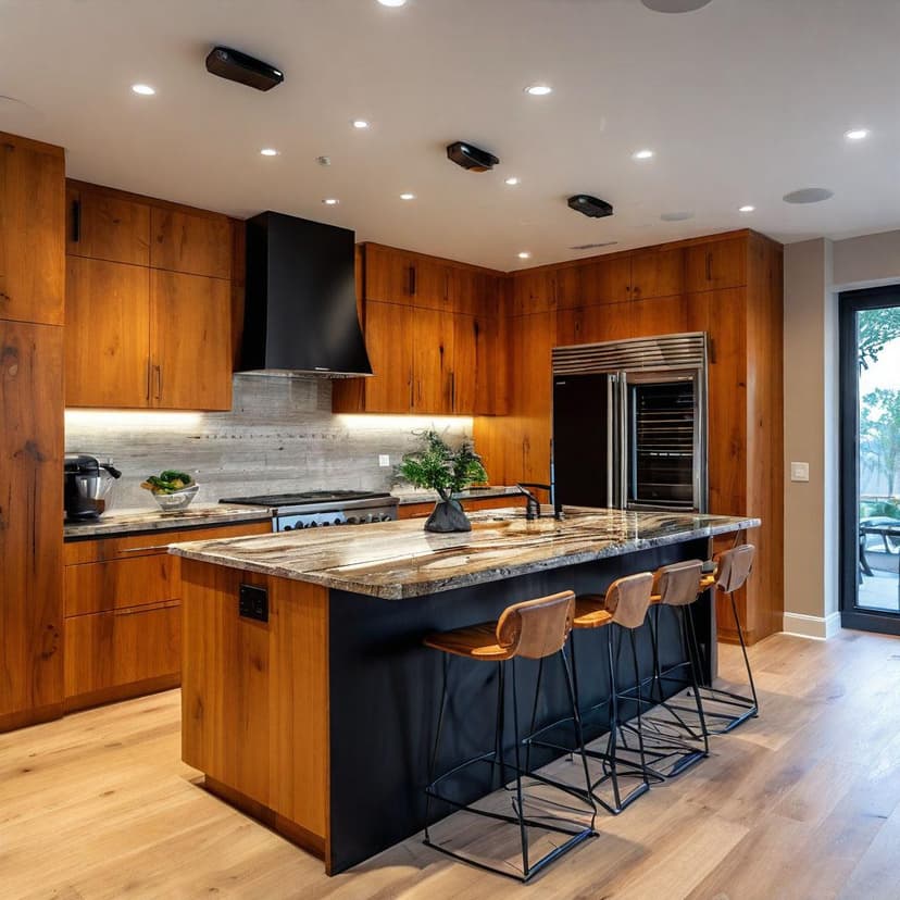 This modern kitchen blends organic warmth with sleek style through live-edge wood cabinets and flowing black epoxy inlays