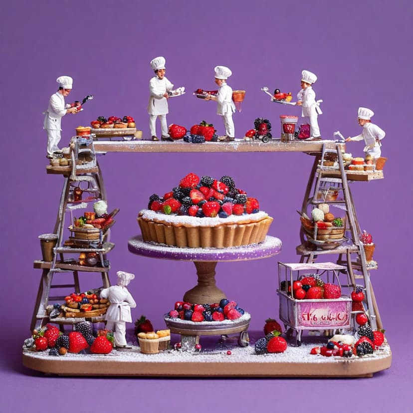 Tiny chefs scale ladders to garnish a giant tart