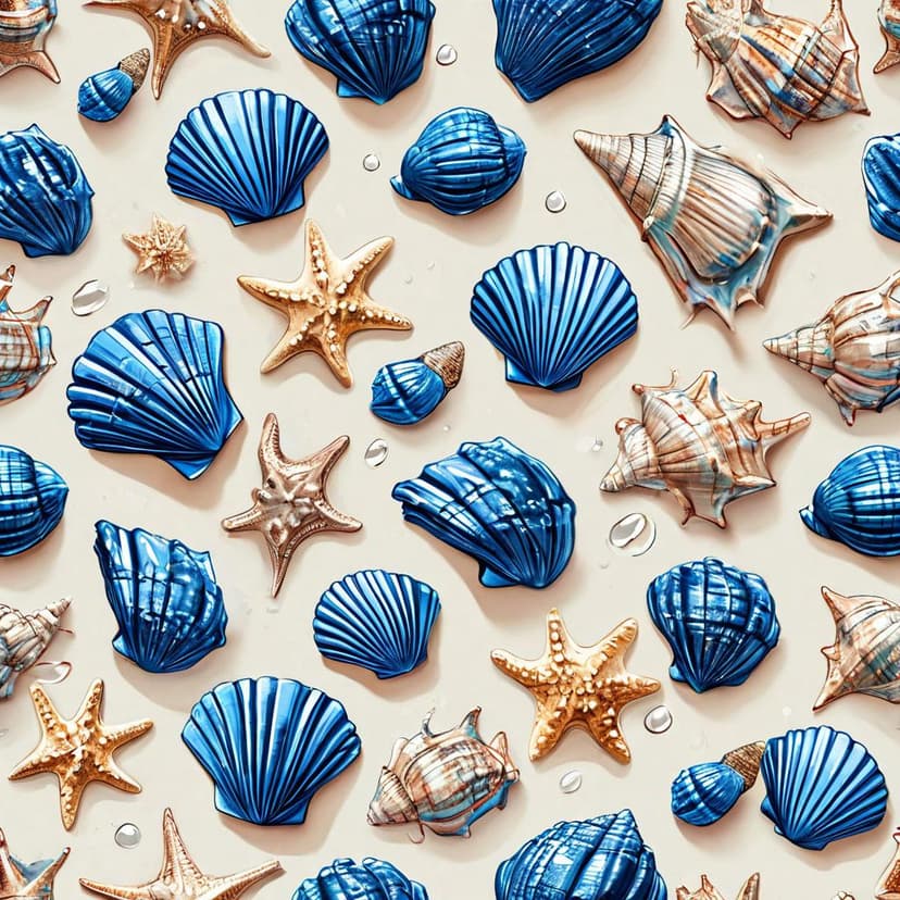 A nautical flat design with hyper-realistic blue and beige seashells