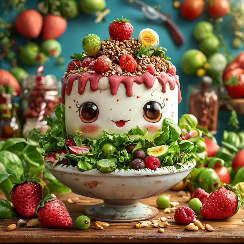 Day 1: Salad Power! Day 2: Cake Emergency! A cute character’s hilarious battle between healthy dreams and snack temptations