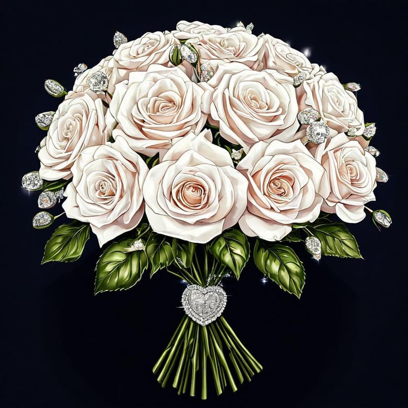 A diamond-studded bouquet of white anime roses