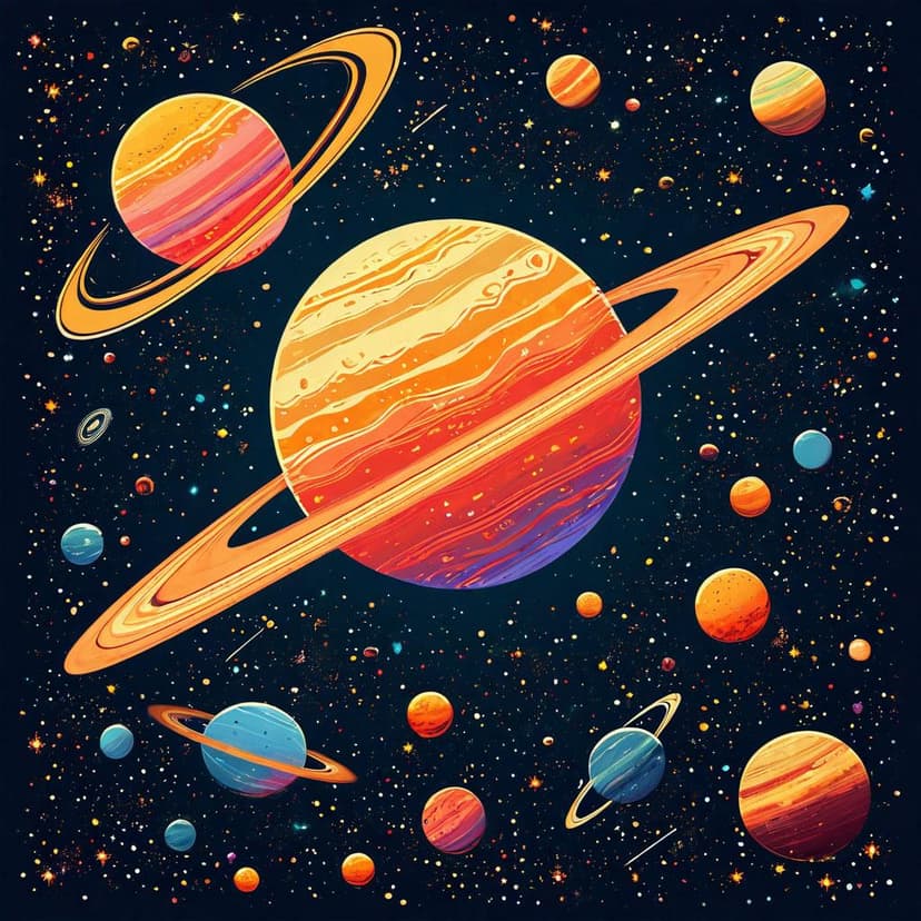 Vibrant digital cosmos with graphic planets