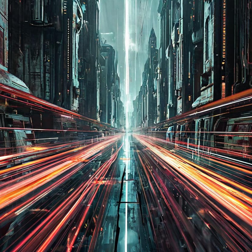 A sci-fi poster: blurred streaks of muted color streak past