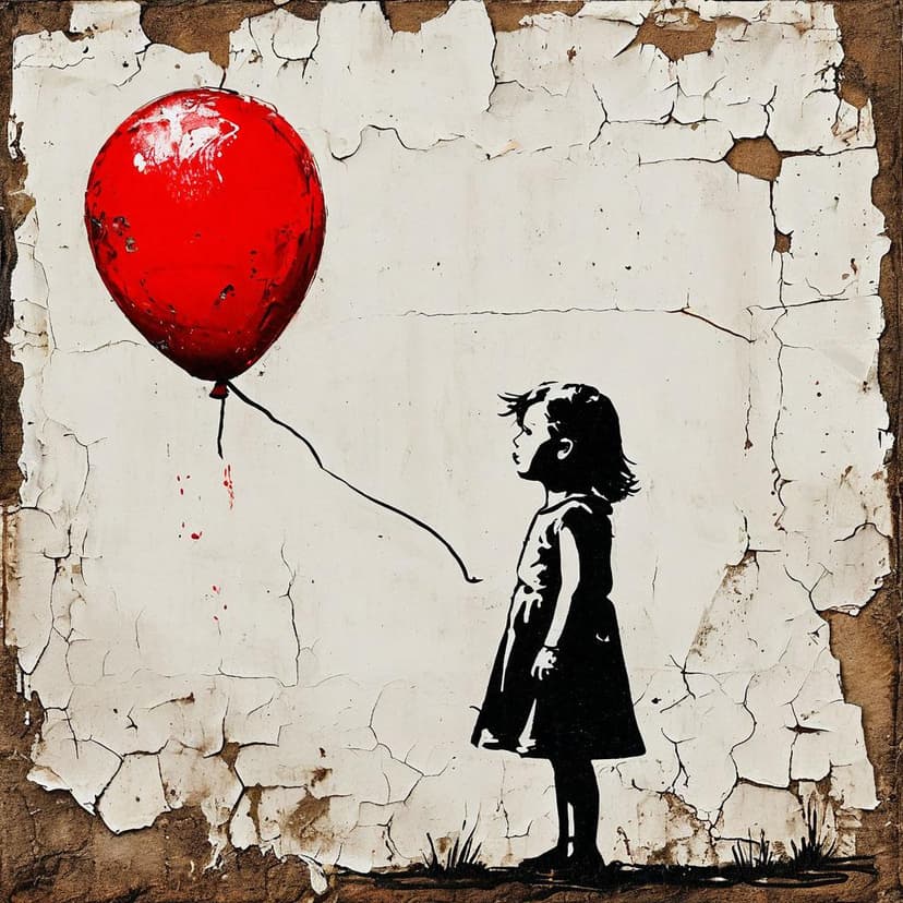 A delicate Banksy-style engraving of a girl clutching a red balloon