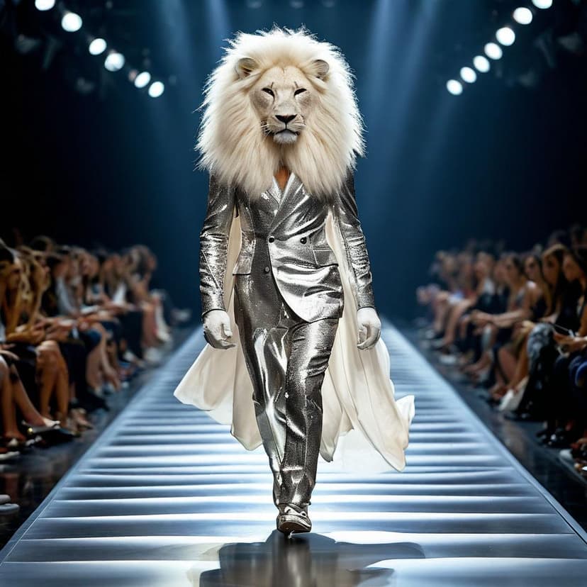 A silver-clad model strides with a white lion down a sleek runway