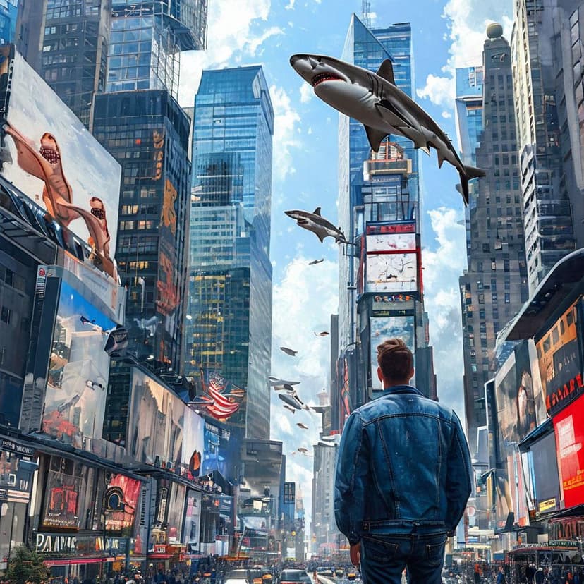 Sharks glide through a hyper-realistic Times Square sky as a man in a denim jacket watches