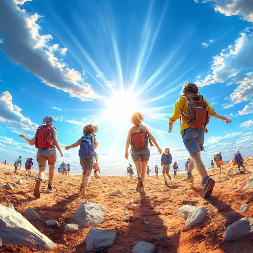 Cheerful figures stride eagerly toward a glowing focal point on a bright blue 3D horizon