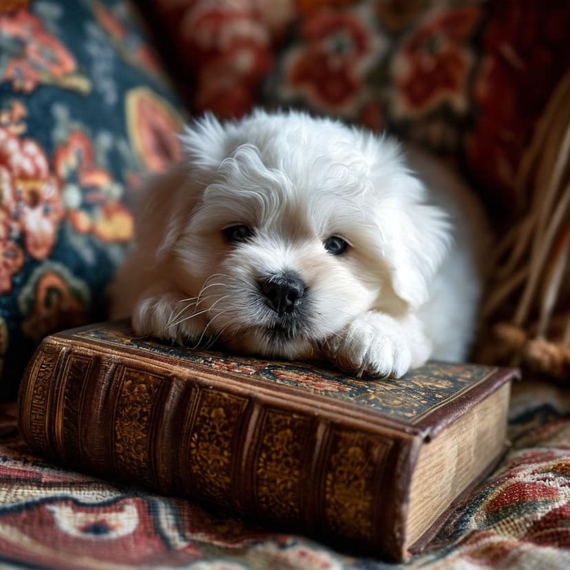 A chubby white puppy lounges on the sofa