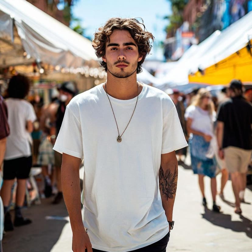 A 23-year-old man in a white oversized tee strolls through a sunlit art festival