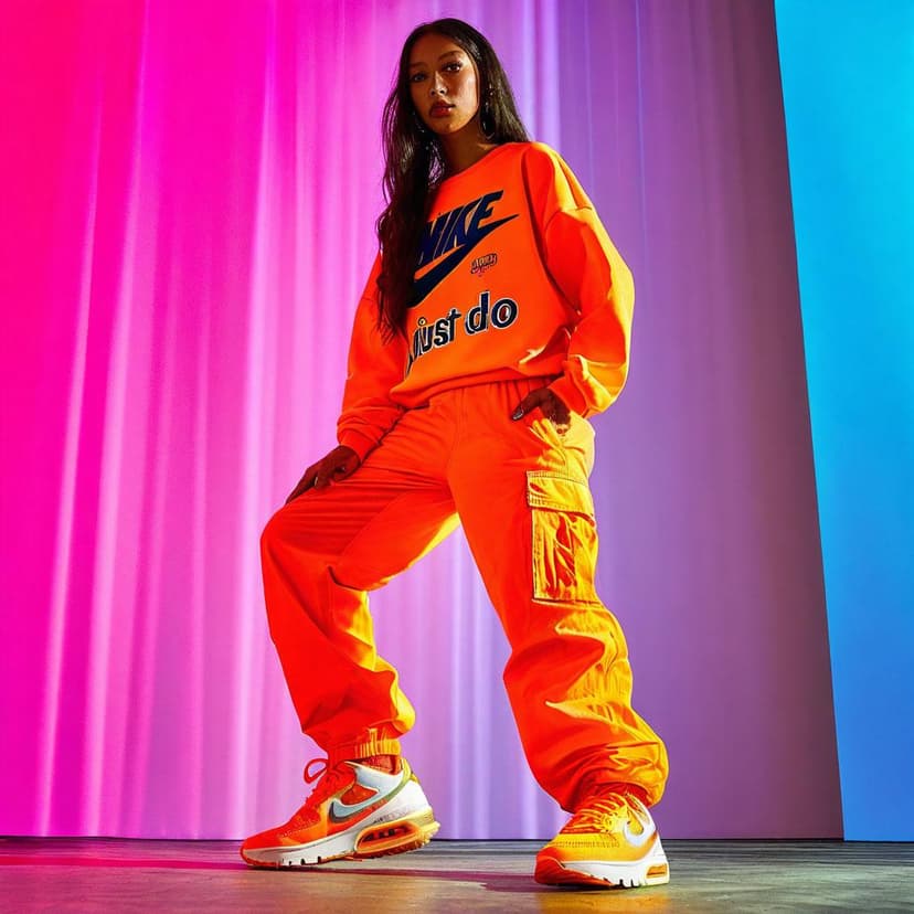 Dynamic Nike Air ad: a bold model leans against a neon gradient in an oversized sweatshirt