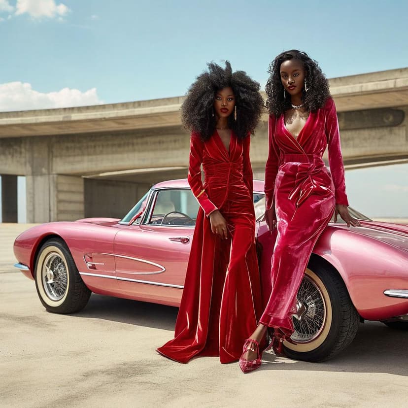 Sudanese models in 60s-inspired velvet dresses and bold curls pose with a space-age car against sleek concrete