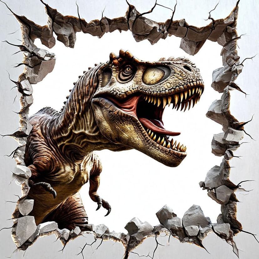 A T. rex smashes through a wall