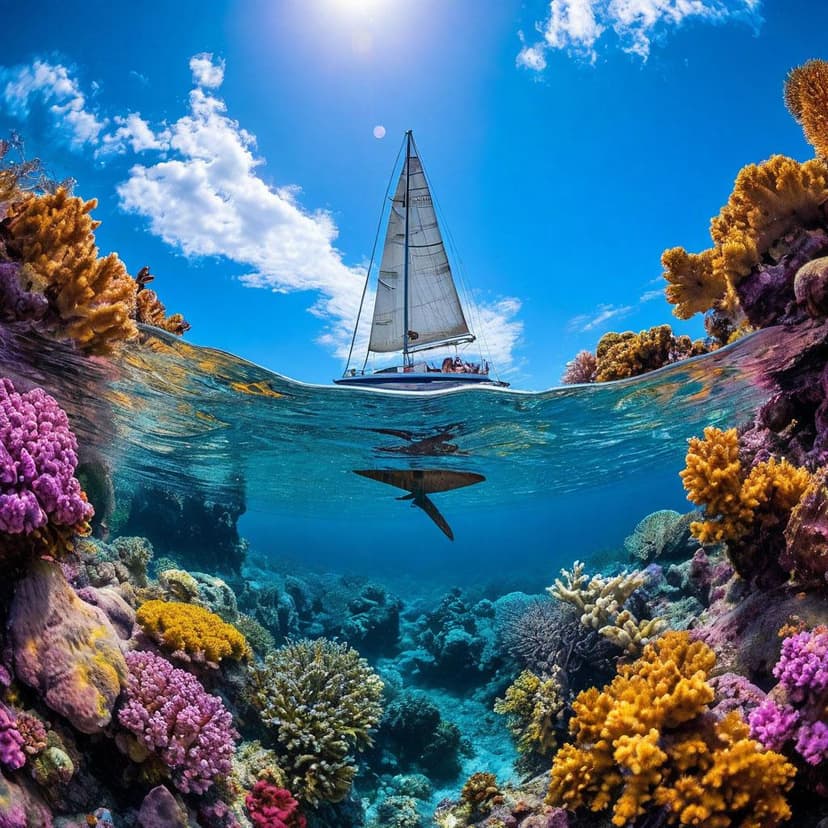 National Geographic award: David Mohrbacher captures a sailboat’s submerged hull gliding through vibrant coral reefs under a brilliant blue sky