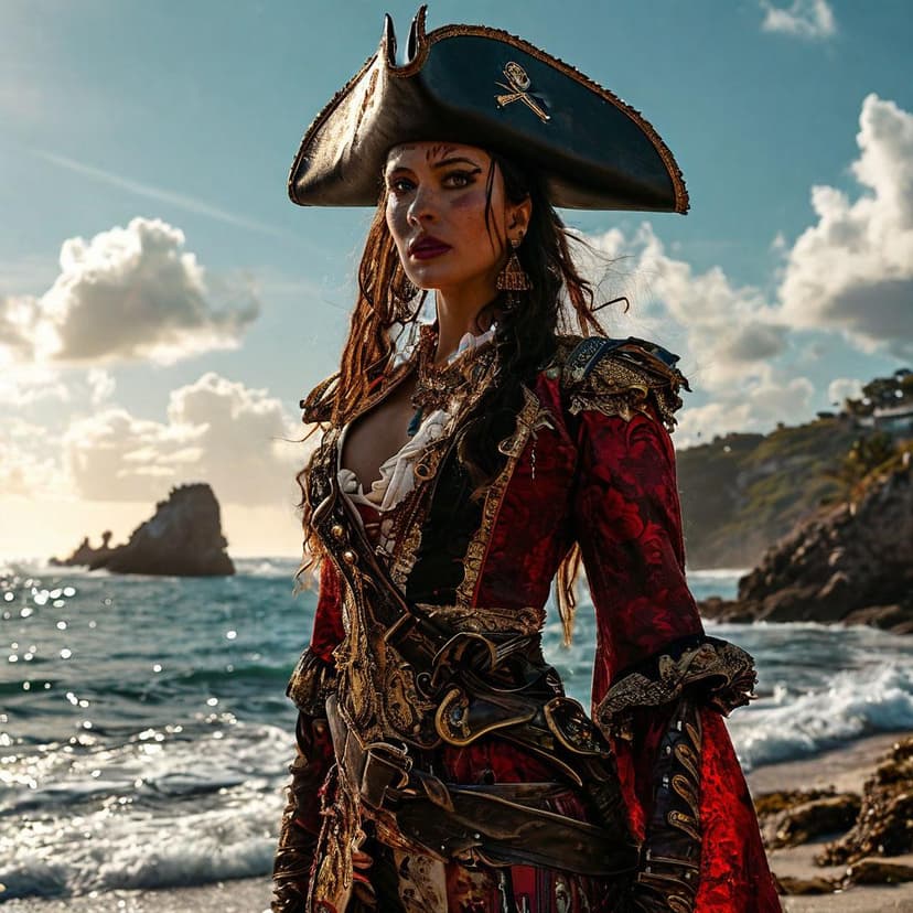 A fierce pirate queen strikes a defiant pose on a sun-drenched shore