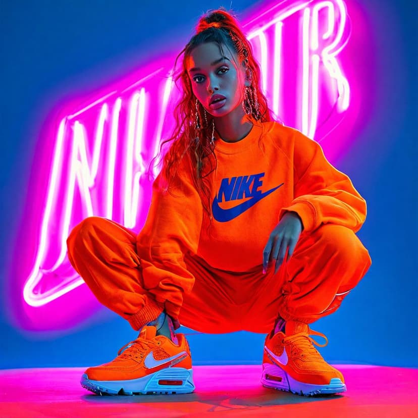 Dynamic Nike Air ad with a bold model against a neon gradient. She wears an oversized sweatshirt