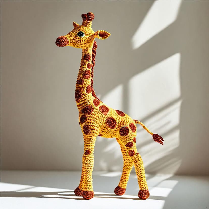 A yarn giraffe strolls upright