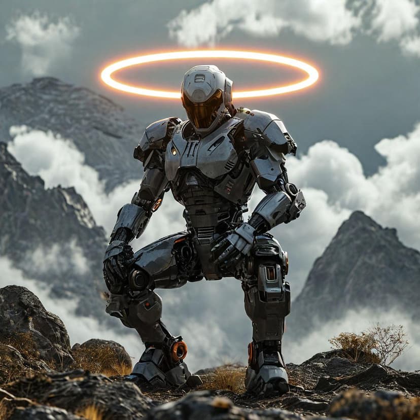 A robotic figure with a glowing halo kneels atop Mount Cutlass